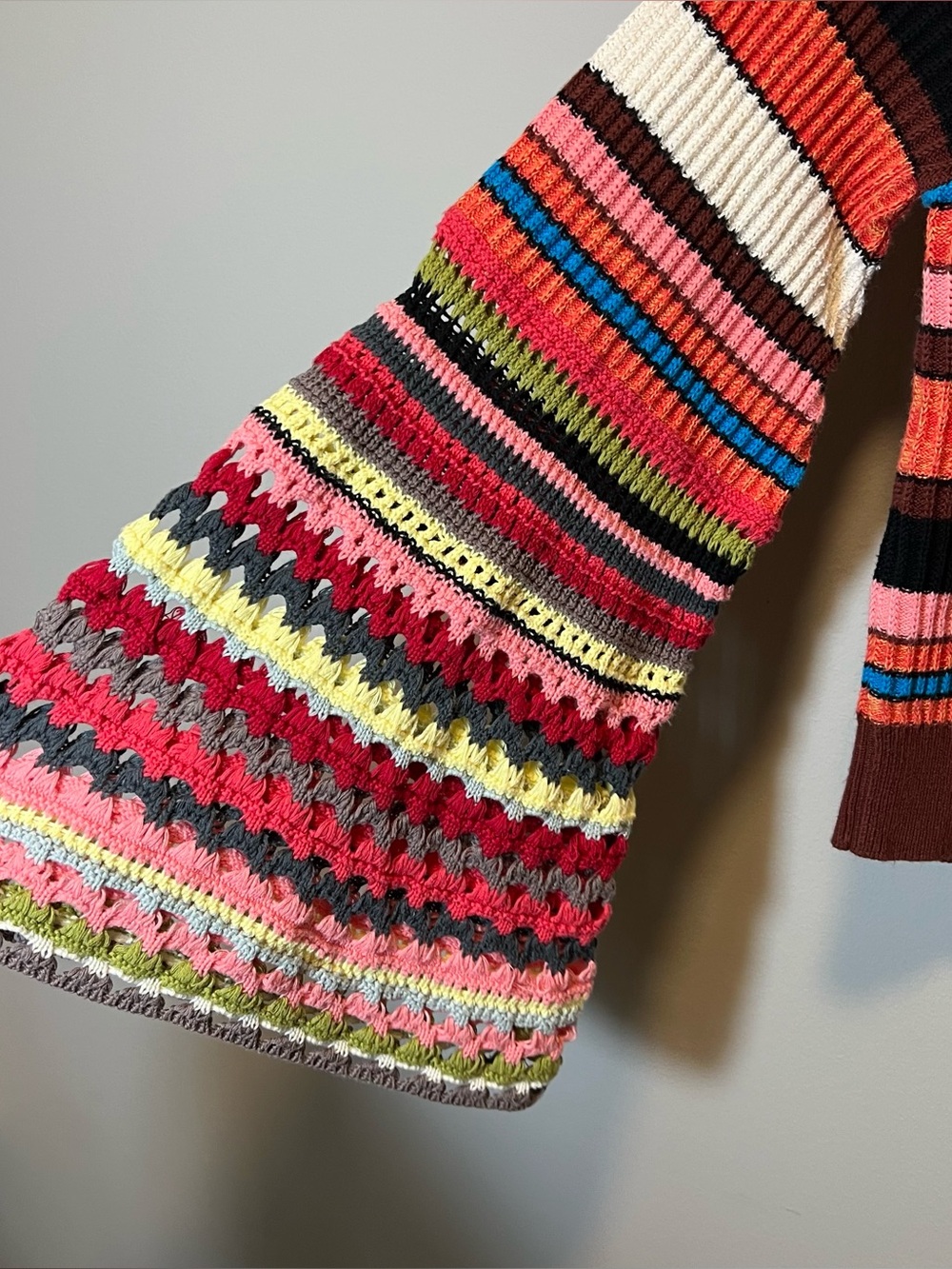 Free People Heart and Soul Multicolor Crochet Striped Sweater Boho Flare Medium - Picture 7 of 11